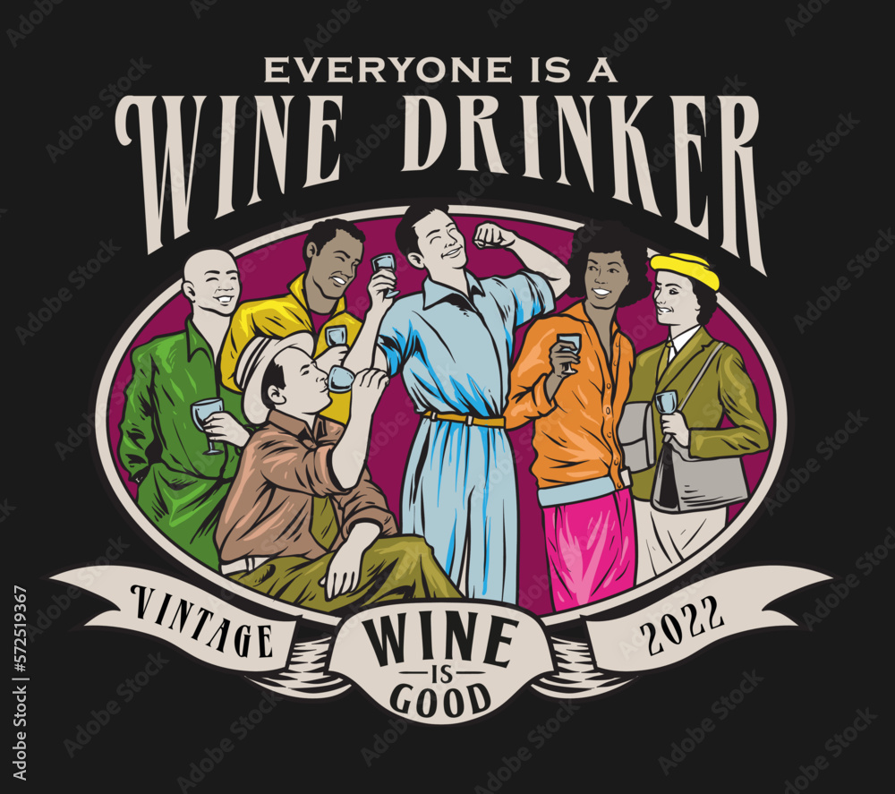 Obraz premium Bunch of people drinking wine in a vintage style illustration