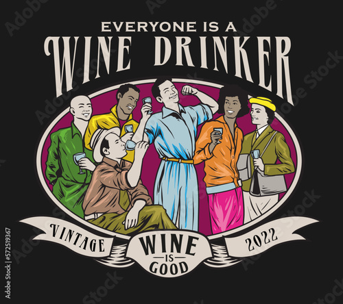 Bunch of people drinking wine in a vintage style illustration