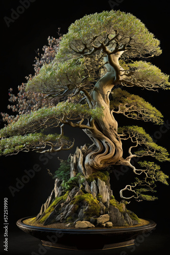 Photorealistic ai artwork of a banzai tree. Dramatic studio-style image. Generative ai.
