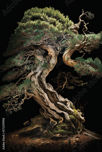 Photorealistic ai artwork of a banzai tree. Dramatic studio-style image. Generative ai.