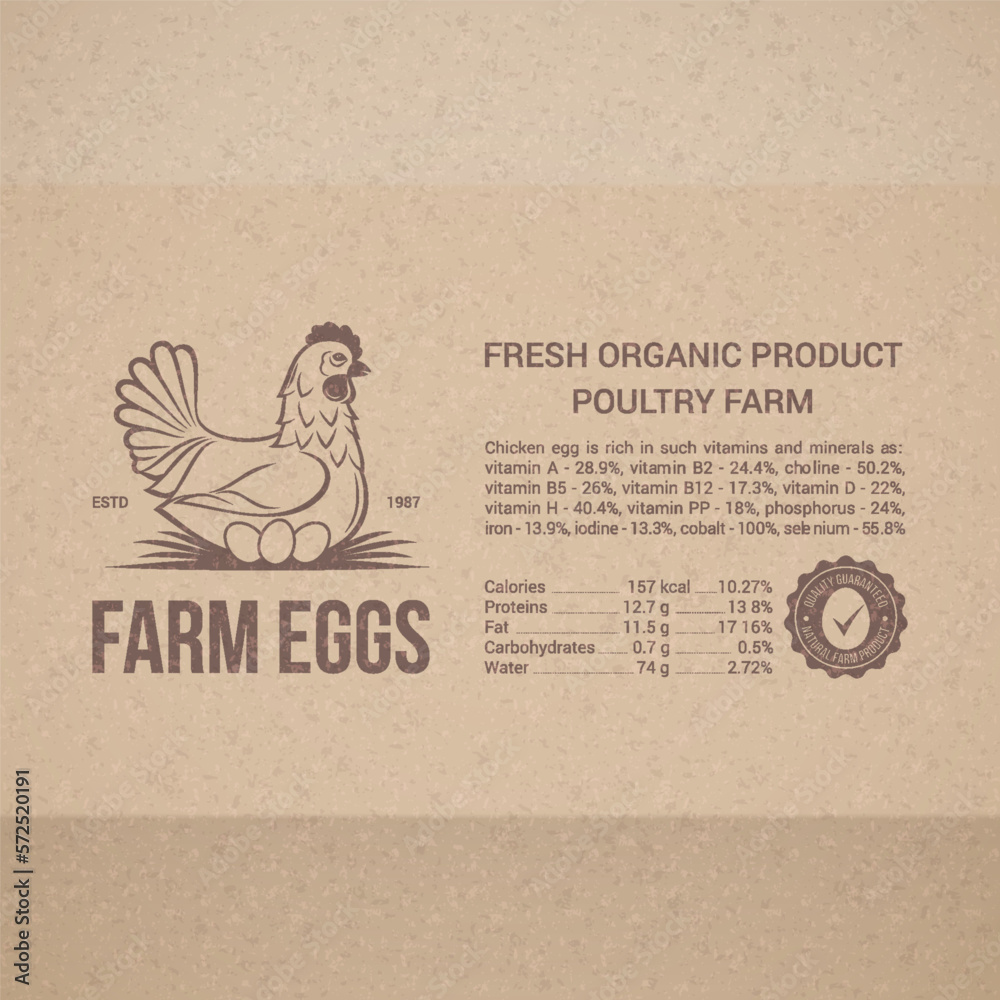 Fresh Organic Chicken Eggs. Vintage Ad Template Design for Carton Packaging. Farm Product in Engraving Style Vintage Design for Label, Badge, and Brand Design