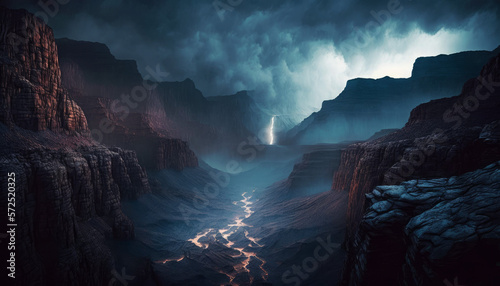 Photorealistic ai artwork of a thunderstorm in the Grand Canyon. Generative ai.