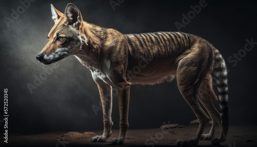 Photorealistic ai artwork of a thylacine or Tasmanian tiger in a studio style image. Generative ai.