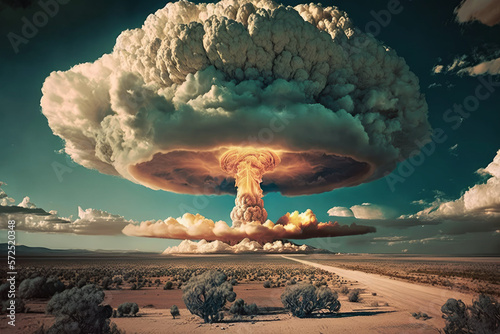 Ai art of a nuclear or atomic explosion over the desert. Generative ai. photo