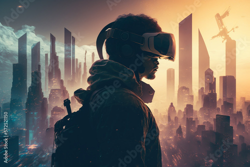 illustration of a man wearing a VR headsets and looking at the metaverse Generative AI
