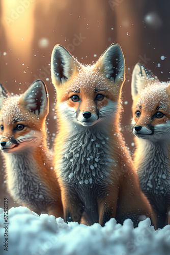 A small group of tiny and cute foxes in the snow. AI-Generated