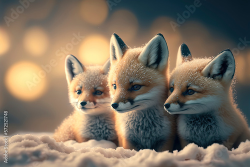 A small group of tiny and cute foxes in the snow, snow. AI-Generated © Lemart