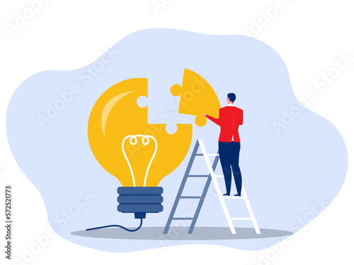 Creativity idea concept Businessman  Finishing lightbulb with jigsaw puzzle. Symbol of inspiration, creative thinking. thinking find solution. Vector illustration.