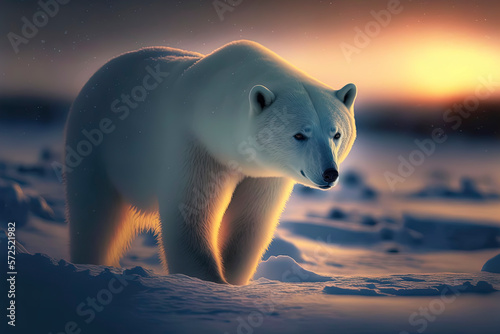 polar bear in the snow at sunset. AI-Generated