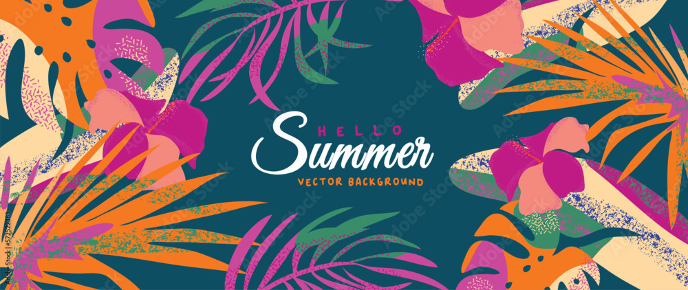 Summer tropical jungle green background vector. Colorful botanical with exotic plants, hibiscus, monstera, palm leaves, grunge texture. Happy summertime illustration for poster, cover, banner, prints.