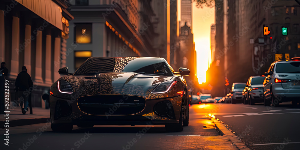 Fototapeta premium Future Sportscar makes a wild chase New york City, 42nd street with sunset in the background. AI-Generated