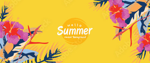 Summer tropical jungle yellow background vector. Colorful botanical with exotic plants, hibiscus, flowers, palm leaves, grunge texture. Happy summertime illustration for poster, cover, banner, prints.
