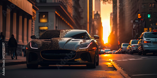 Future Sportscar makes a wild chase New york City, 42nd street with sunset in the background. AI-Generated photo
