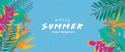 Summer tropical jungle blue background vector. Colorful botanical with exotic plants, monstera. flowers, palm leaves, grunge texture. Happy summertime illustration for poster, cover, banner, prints.