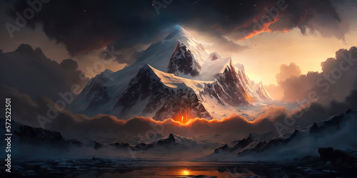 snow-capped peaks of the majestic mountain, emerging from the clouds, in the light of the sunset. AI-Generated
