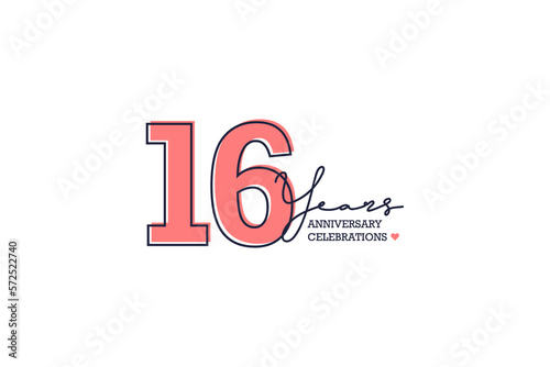 16 year anniversary. Anniversary template design concept with golden ribbon for birthday celebration event, invitation card, greeting card, banner, poster, flyer, book cover. Vector Template