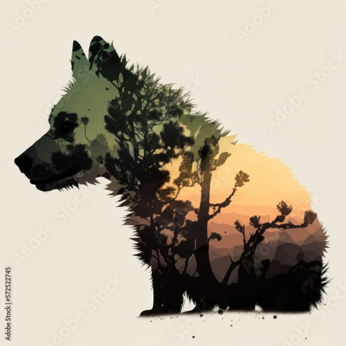Cool and Beautiful Double Exposure Silhouette Hyena Animal in Natural Habitat: A Colorful Illustration of Wildlife in Creative Photo Manipulation generative AI