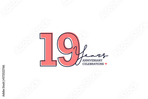 19 year anniversary. Anniversary template design concept with golden ribbon for birthday celebration event, invitation card, greeting card, banner, poster, flyer, book cover. Vector Template