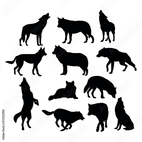 Wolf animals silhouette set for cutting, stencil templates and decals