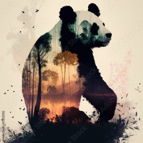 Cool and Beautiful Double Exposure Silhouette Panda Animal in Natural Habitat: A Colorful Illustration of Wildlife in Creative Photo Manipulation generative AI