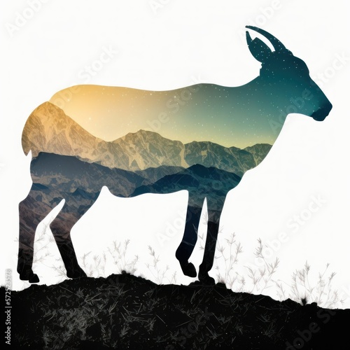Cool and Beautiful Double Exposure Silhouette Alpine Goat Animal in Natural Habitat  A Colorful Illustration of Wildlife in Creative Photo Manipulation generative AI