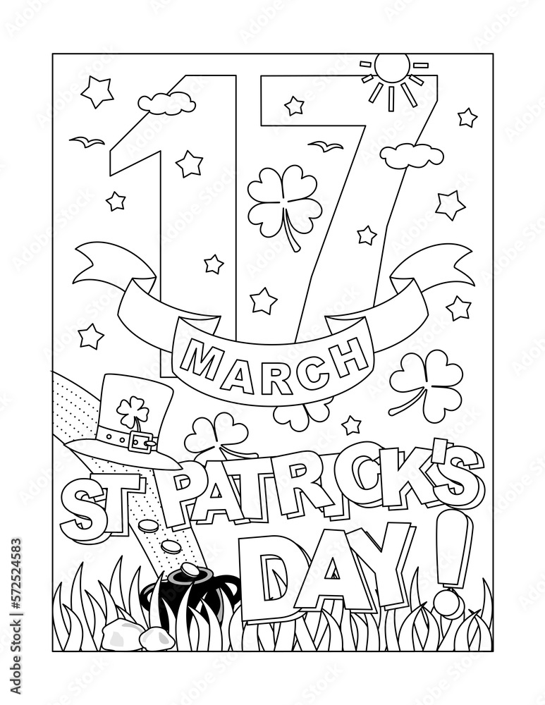 St Patrick's Day 17th March calendar sheet, coloring page, poster, sign or banner black and white activity sheet 
