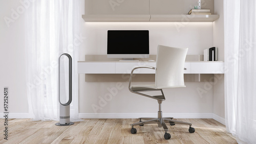 Fotografia Built in beige working desk with computer, shelf, leather office chair, air mult
