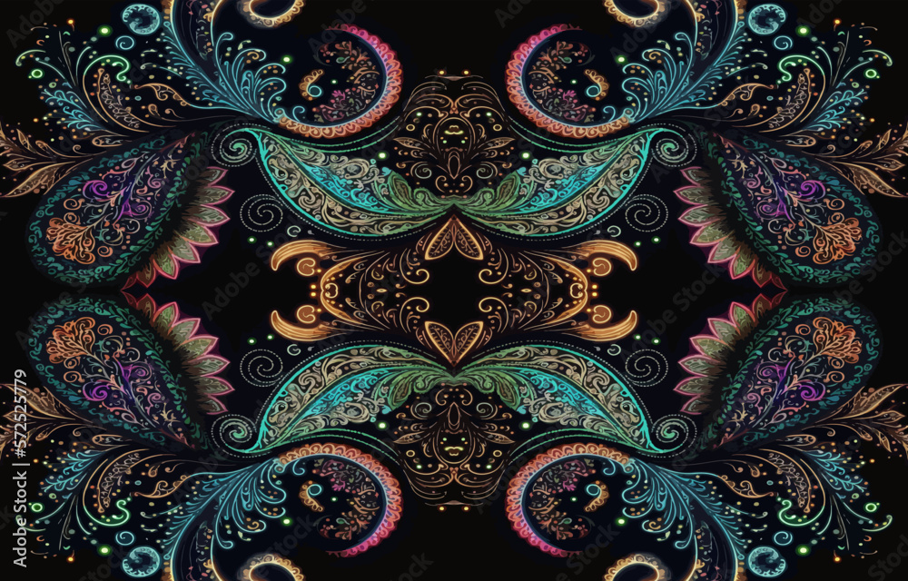 Paisley seamless pattern glow in the dark background. Abstract traditional folk antique ethnic tribal graphic paisley line. Texture textile fabric vector illustration ornate elegant luxury style. Paisley seamless pattern glow in the dark background. Abstract traditional folk antique ethnic tribal graphic paisley line. Texture textile fabric vector illustration ornate elegant luxury style.