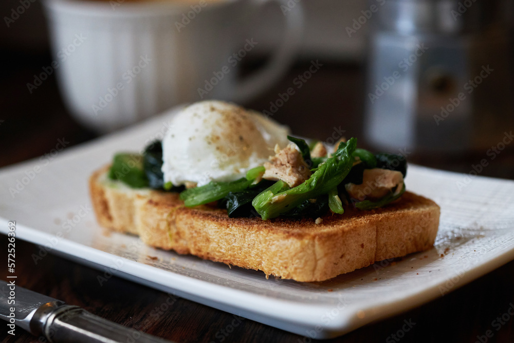 homemade healthy open sandwich: toast topped with spinach, tuna, avocado and poached egg