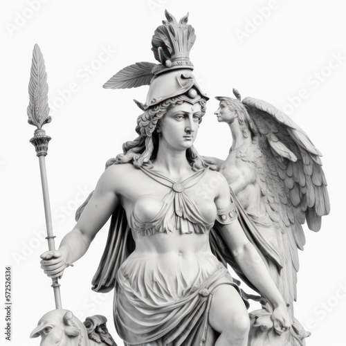 Sculpture of Athena Greek mythological goddess of battle strategy, and wisdom isolated on a white background, generative ai photo