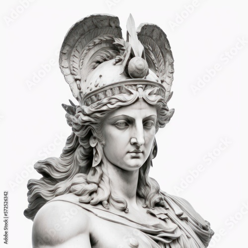 Sculpture of Athena Greek mythological goddess of battle strategy, and wisdom isolated on a white background, generative ai photo