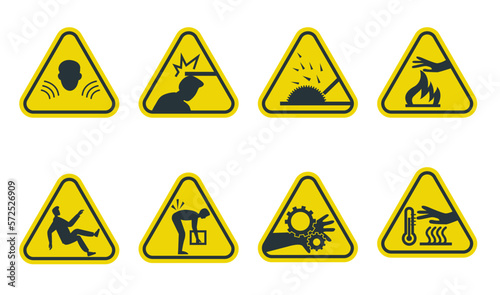Grupo de símbolos en vectores de seguridad industrial o peligros industriales en el trabajo, peligro de golpes, de atrapamiento, caídas al mismo nivel, ergonómico, proyección de partículas, ruido. photo