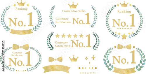  ランキングやレビュー等の評価ラベルの水彩画イラストセット