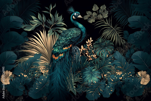 wallpaper palm tropical forest vintage jungle pattern with peacock dark mood, Generative AI