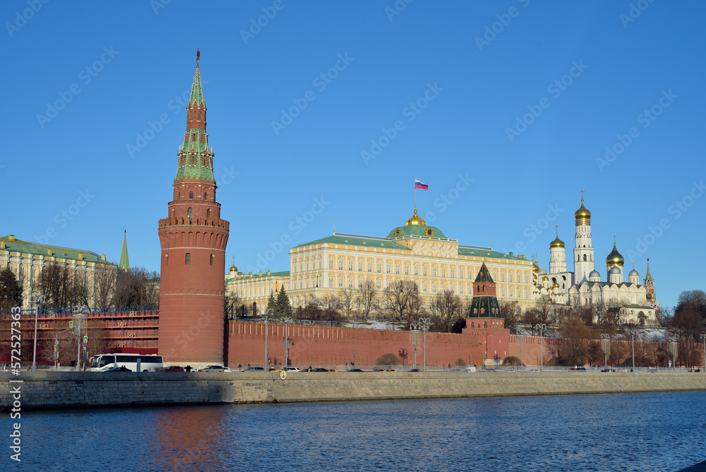 borovitskaya tower and the grand Kremlin palace view from the embankment