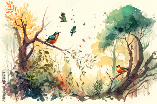 watercolor painting digital art high quality, of a forest landscape with birds, Generative AI