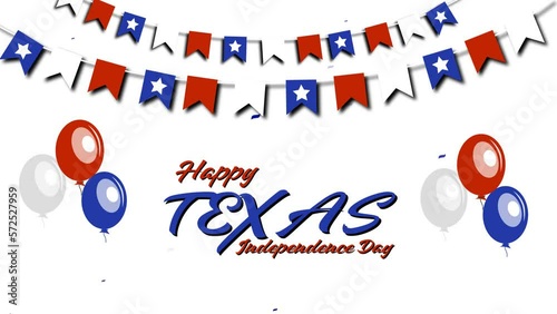 Happy Texas Independence Day text animation. Suitable for Greeting Card,Banner,or other texas independence day celebration. Background with balloons and partikles photo