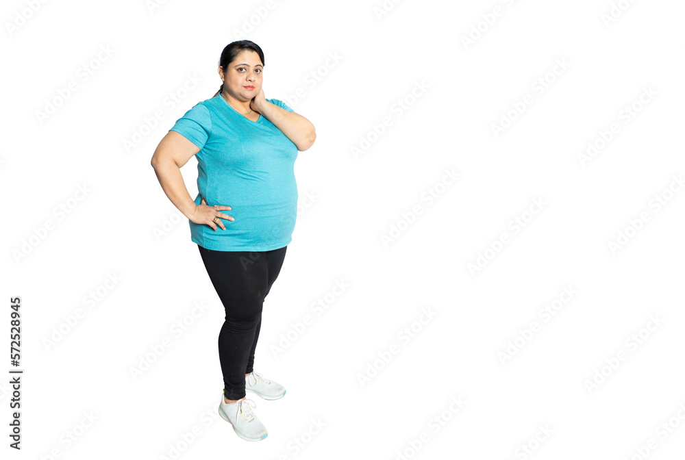 Full length overweight indian woman looking at camera with positive expression standing isolated over white background studio shot. Copy space. Asian Chubby fat lady. Full length overweight indian woman looking at camera with positive expression standing isolated over white background studio shot. Copy space. Asian Chubby fat lady.