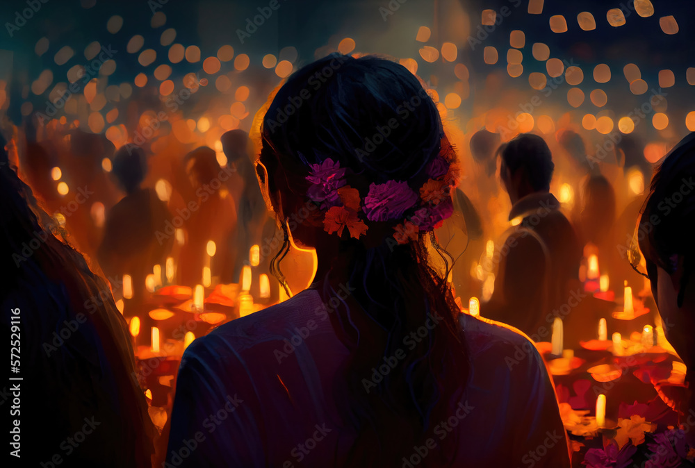 Indian crowd people in the Diwali the festival of lights in the night with candle lights fireworks and mosque background. Generative AI