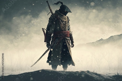 Lonely Ronin Stands in the Midst of a Snowy Landscape