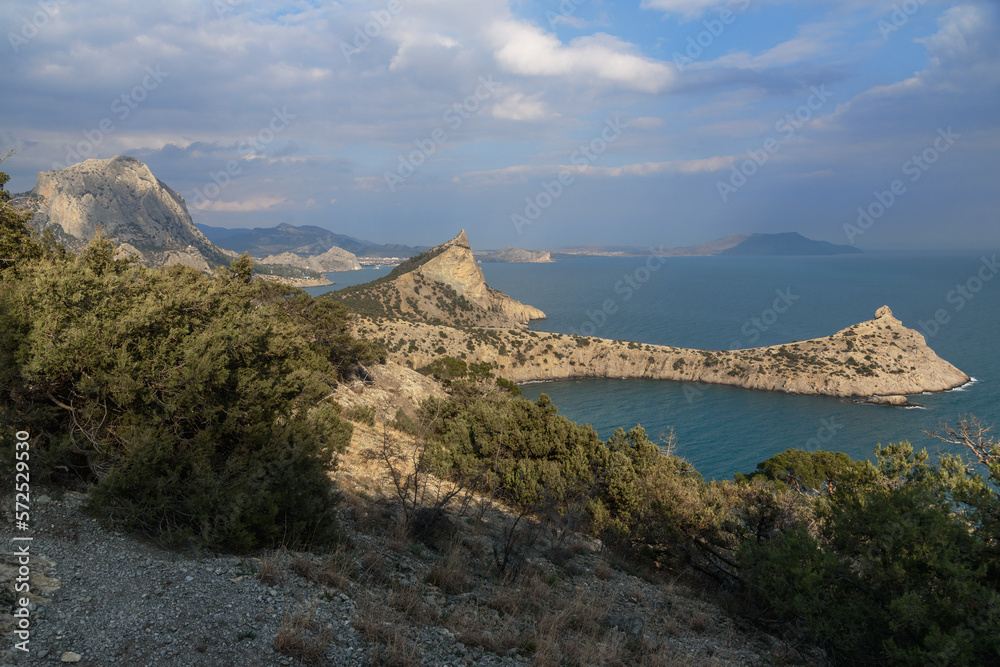 Fototapeta premium Top view of Cape Kapchik, Blue Bay and Mount Koba-Kaya. Crimea