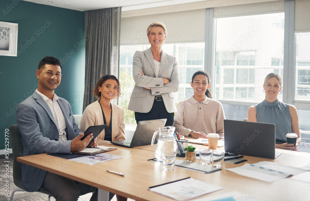 Portrait of employees at desk in office with smile, confidence and meeting for group of business people. Teamwork, about us and leadership, senior lawyer with happy legal team at advisory law firm. Portrait of employees at desk in office with smile, confidence and meeting for group of business people. Teamwork, about us and leadership, senior lawyer with happy legal team at advisory law firm.