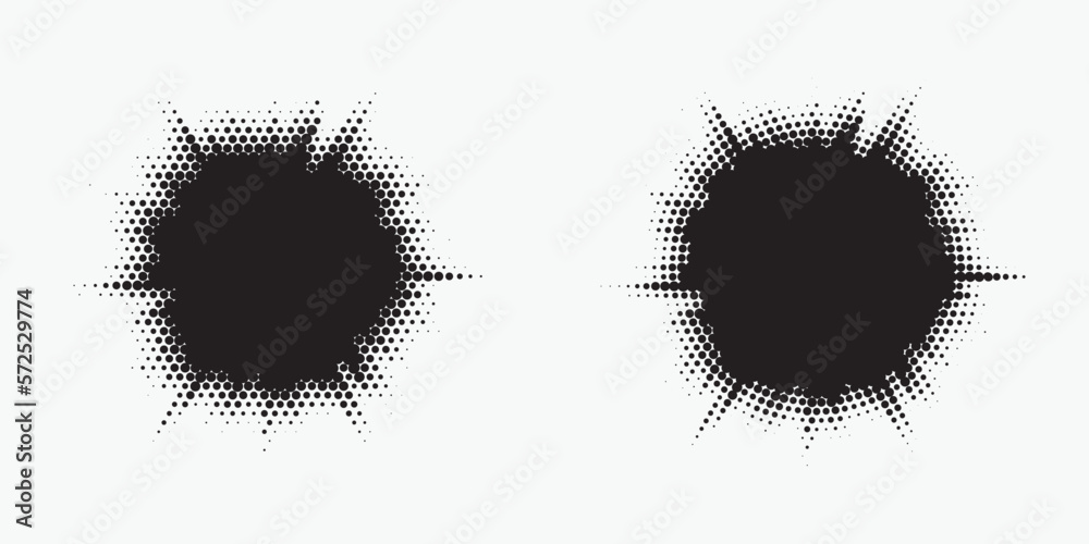 Halftone logo set. Circular dotted logo isolated on the white background. Garment fabric design set. Halftone circle dots texture, pattern, background. Vector design element. Vector illustrations.