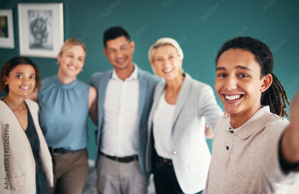 Business people, portrait smile and selfie for profile picture, vlog or team building at the office. Group of employee workers smiling for photo memory, social media or online influencer in about us Business people, portrait smile and selfie for profile picture, vlog or team building at the office. Group of employee workers smiling for photo memory, social media or online influencer in about us
