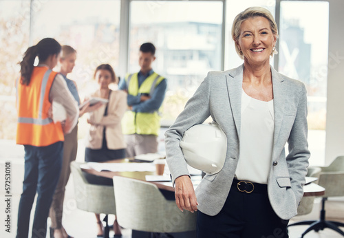 Portrait, construction worker and manager with an engineer woman at work in her architecture office. Industry, design and building with a female architect leader working on a development project