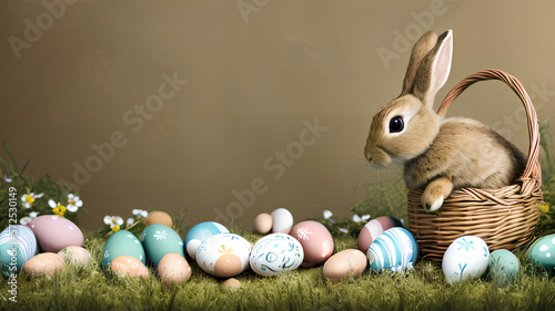 Cute easter bunny in basket / Easter Eggs / Ostern / Eastern / Copy Space - blank space