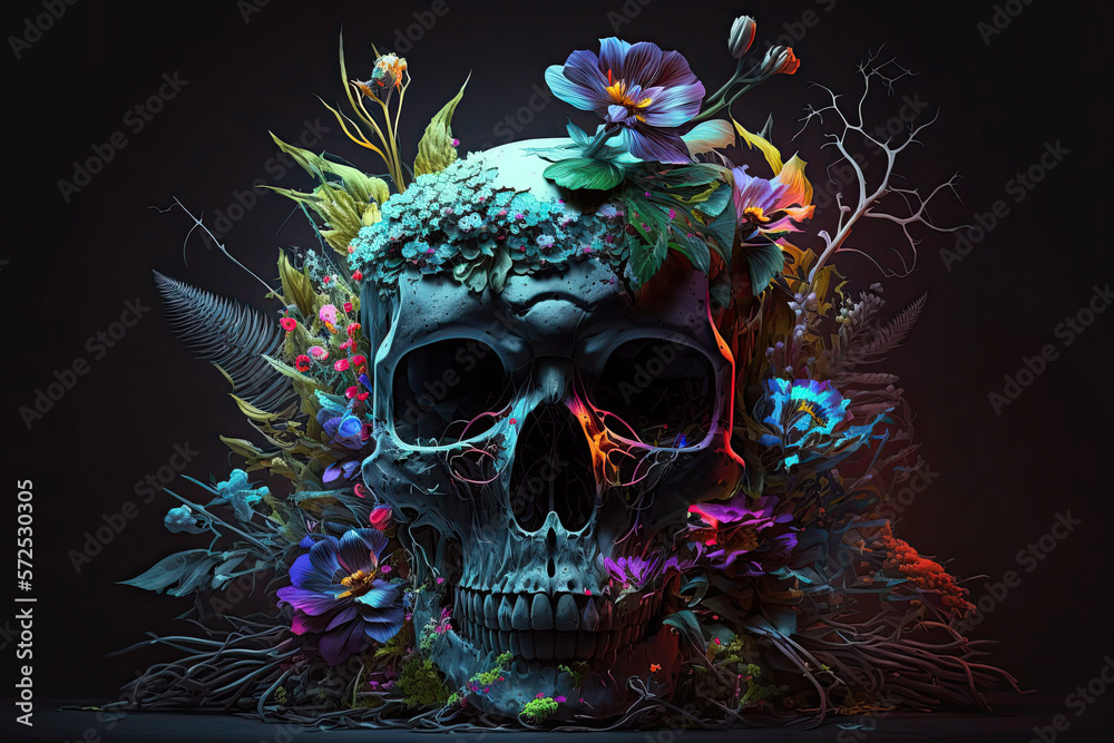 skull in colors with neon multicolored light on dark background. Generative AI