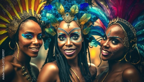 Joyful and Excited African American Women in Rio Carnival Costume: Colorful Illustration of Humans in Festive Brazilian Street Party with Samba Music and Dancing Floats Celebration (generative AI