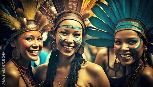 Joyful and Excited Alaska Native Women in Rio Carnival Costume: Colorful Illustration of Humans in Festive Brazilian Street Party with Samba Music and Dancing Floats Celebration (generative AI