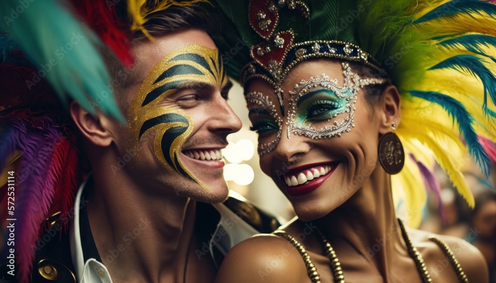 Joyful and Excited Multiracial Couple in Rio Carnival Costume: Colorful Illustration of Humans in Festive Brazilian Street Party with Samba Music and Dancing Floats Celebration (generative AI Joyful and Excited Multiracial Couple in Rio Carnival Costume: Colorful Illustration of Humans in Festive Brazilian Street Party with Samba Music and Dancing Floats Celebration (generative AI